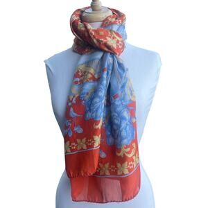 Laura Biagiotti 100% Silk Scarf Floral Red Blue Gold Made in Italy